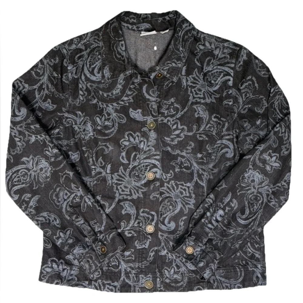 Women's Black Denim Gray Floral Button Front Jacket Coat Size Med M Pappagallo - Picture 4 of 7